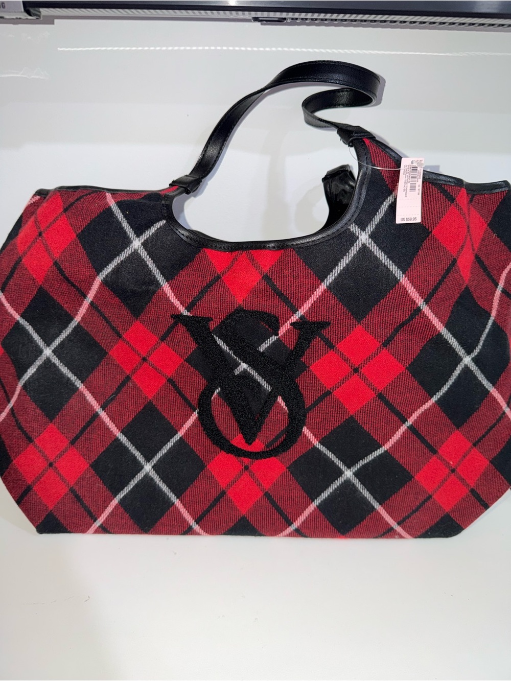 Victoria's Secret Red and Black Plaid Tote with Monogram